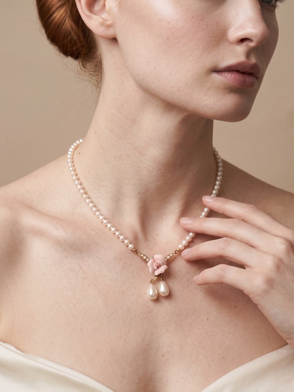 1928 Vintage Pearl Necklace with Porcelain Pink Rose Pendant 16”
